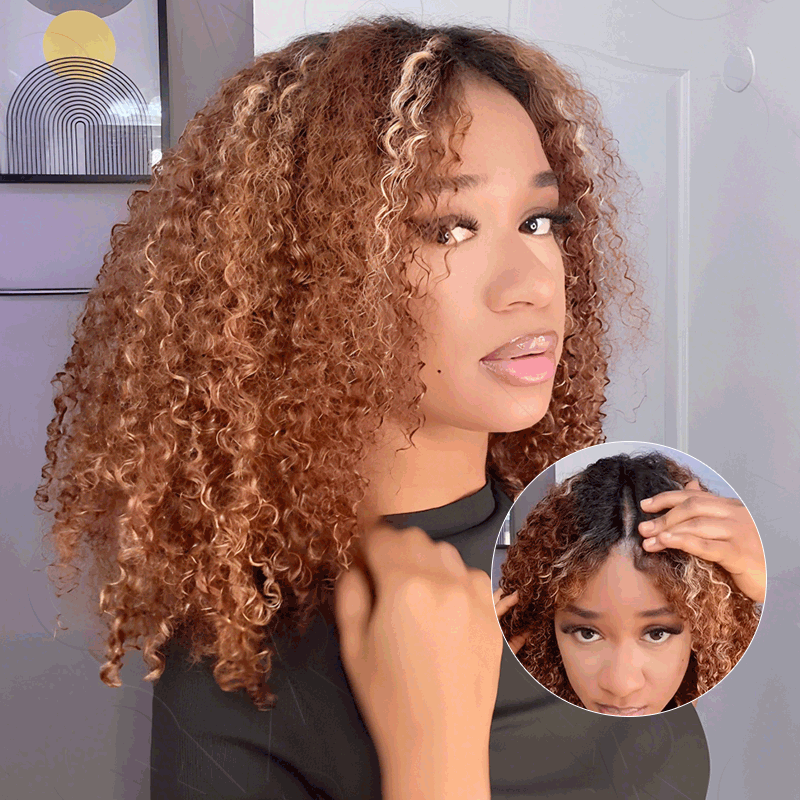 QVR Salt Pepper Kinky Curly V Part Wigs No Leave Out Invisible Lace Edge Human Hair Wig