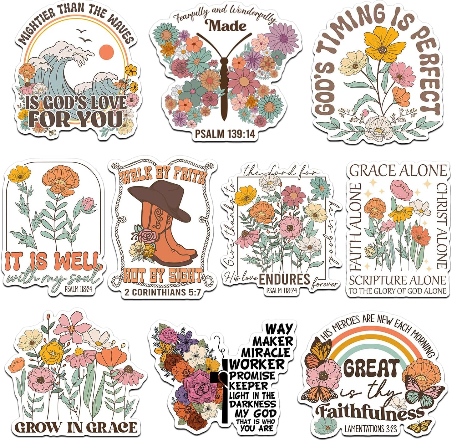(10Pcs) Bible Verse Stickers Pack Size 3'' Scripture Faith Floral Jesus Decal for Laptop, Water Bottle, Journal, Stanley Cup