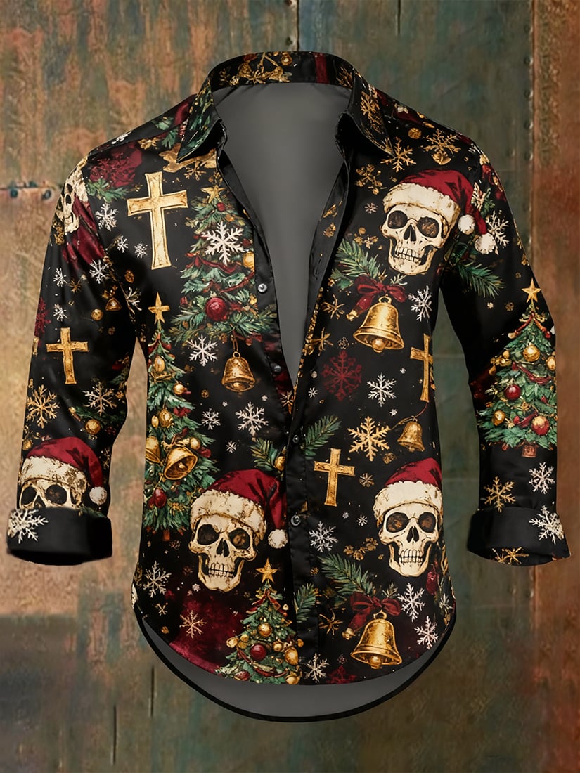 Men's Retro Cross Christmas Skull Long-Sleeve Shirt