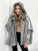 Women Plush Hooded Vertical Stripe Printed Casual Coat