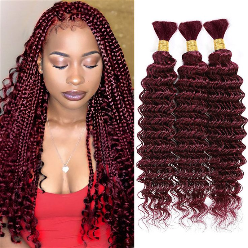 QVR Burgundy 99J Deep Wave Bulk Human Hair No Weft Boho Hair For Braiding