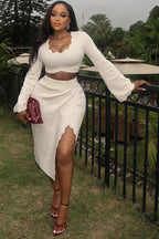 Soft Ivory Draped V-Neck Skirt Set