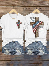 Women's STAND FOR THE FLAG, KNEEL FOR THE CROSS Print Casual T-shirt