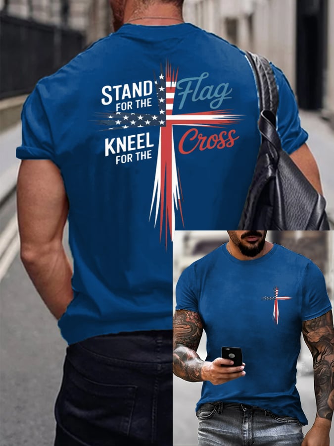 Men's Stand For Flag Kneel For The Cross Print T-Shirt