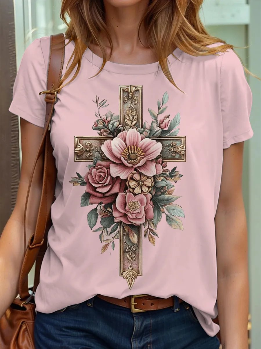 Women's Pink Cross Awareness Print Short Sleeve T-Shirt