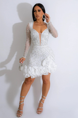 Hot Drilling Beads Decor Long Sleeve Ruffled Patchwork Mini Dresses-Pink