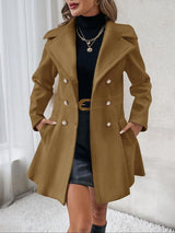 Women's Solid Double Button Pocket Overcoat, Casual Long Sleeve Lapel Neck Outerwear for Fall & Winter, Women's Clothes for Daily Wear, Clothing for Women, Cute Tops
