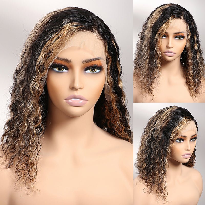 QVR Balayage Bob Style 4x4/13x4/13x6 Lace Frontal Water Wave Highlight Colored Human Hair Wig