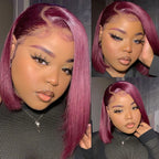 QVR 99J Burgundy Color T Lace Short Bob Wigs Straight Human Hair Wig 180% Lace Front Wigs