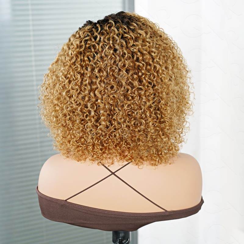 QVR Ombre Ash Blonde Short Cut Curly Wig Glueless Side Part Wig Beginner Friendly