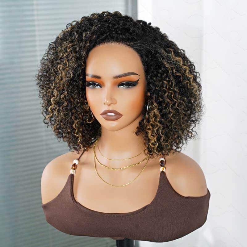QVR Ombre Ash Blonde Short Cut Curly Wig Glueless Side Part Wig Beginner Friendly