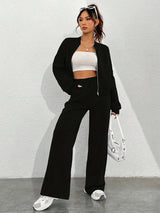 Zip-up Collarless‌ Cardigan Pants Set