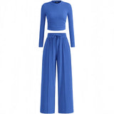 2-Piece Lounge Set – Ribbed Knit Long Sleeve Crop Top & Wide Leg Pants