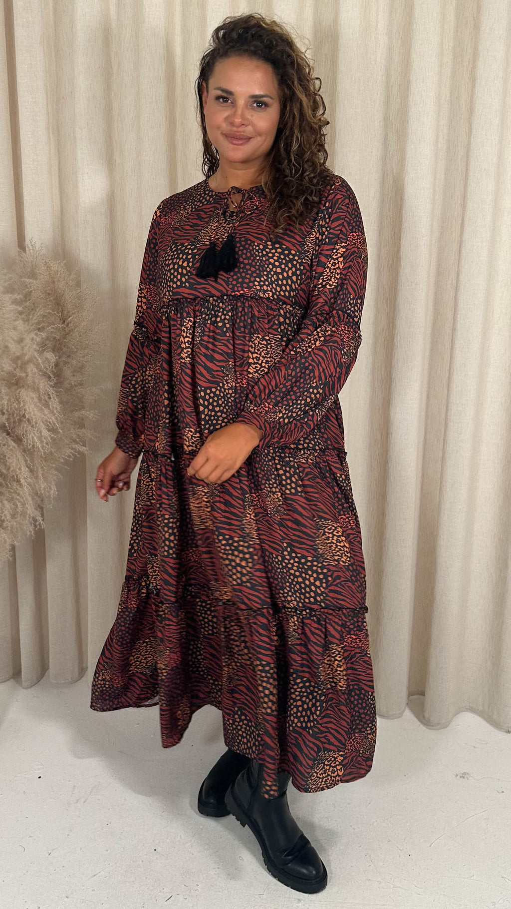 CurveWow Frill Tiered Maxi Dress Rust Mixed Animal