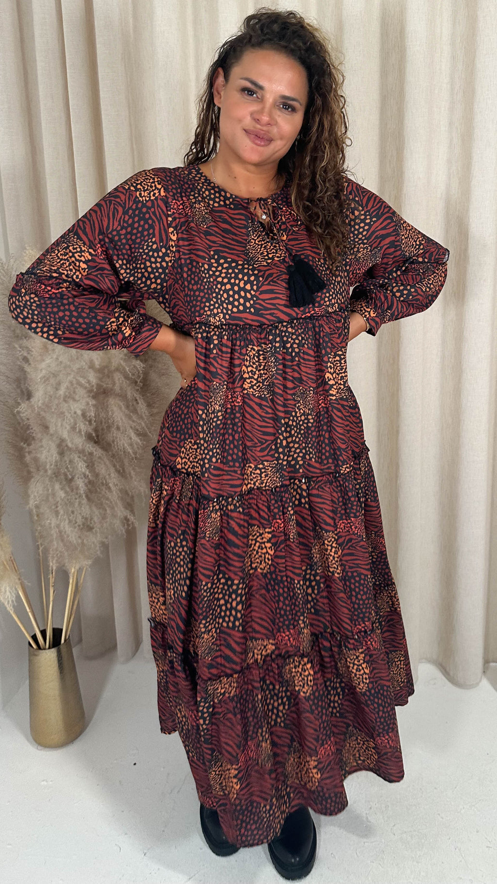 CurveWow Frill Tiered Maxi Dress Rust Mixed Animal