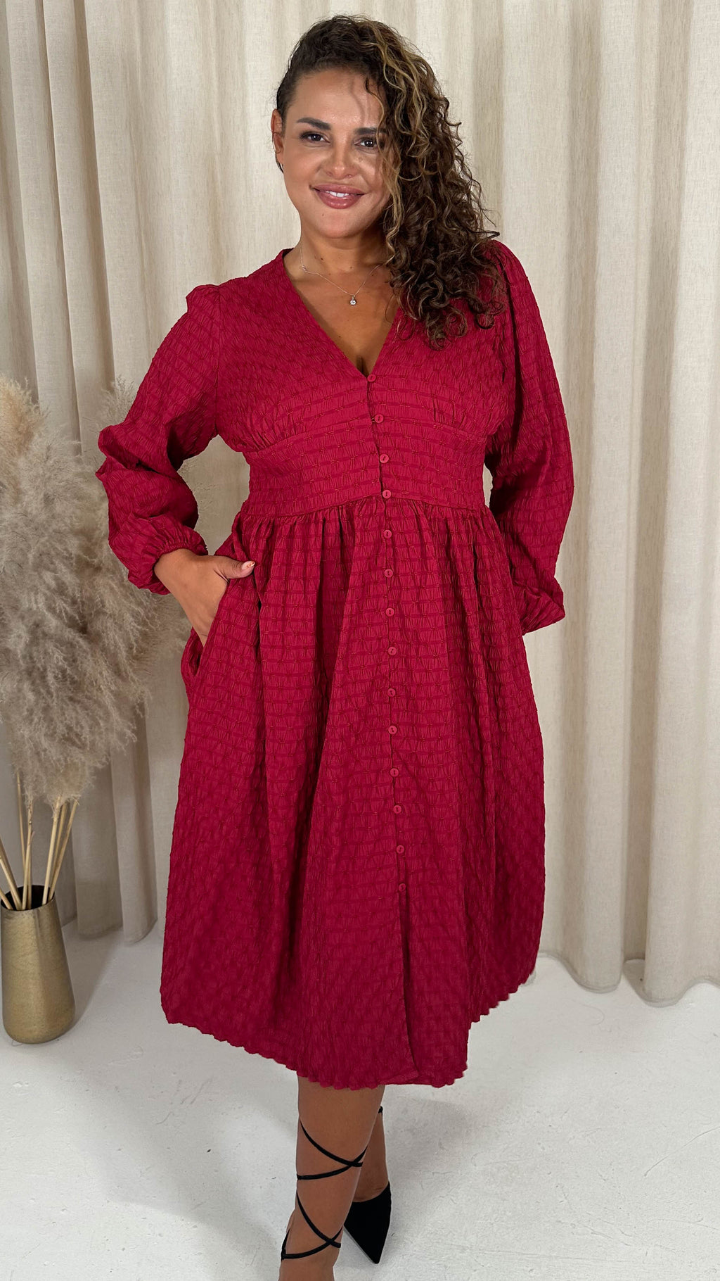 CurveWow Dobby Textured Button Front Midi Dress Red