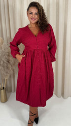 CurveWow Dobby Textured Button Front Midi Dress Red