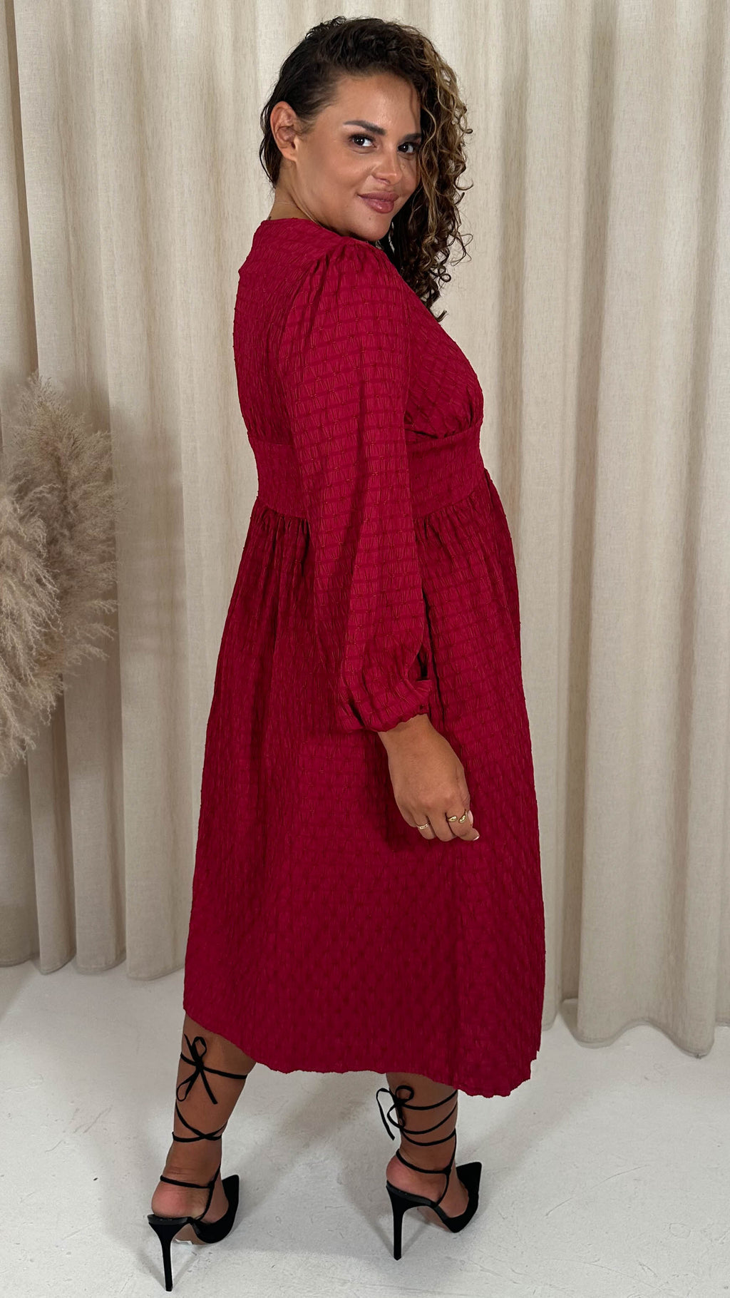 CurveWow Dobby Textured Button Front Midi Dress Red