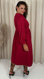 CurveWow Dobby Textured Button Front Midi Dress Red