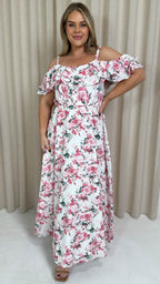 CurveWow Ruffle Cold Shoulder Maxi Dress Cream Vintage Floral