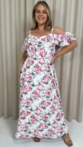 CurveWow Ruffle Cold Shoulder Maxi Dress Cream Vintage Floral