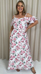 CurveWow Ruffle Cold Shoulder Maxi Dress Cream Vintage Floral
