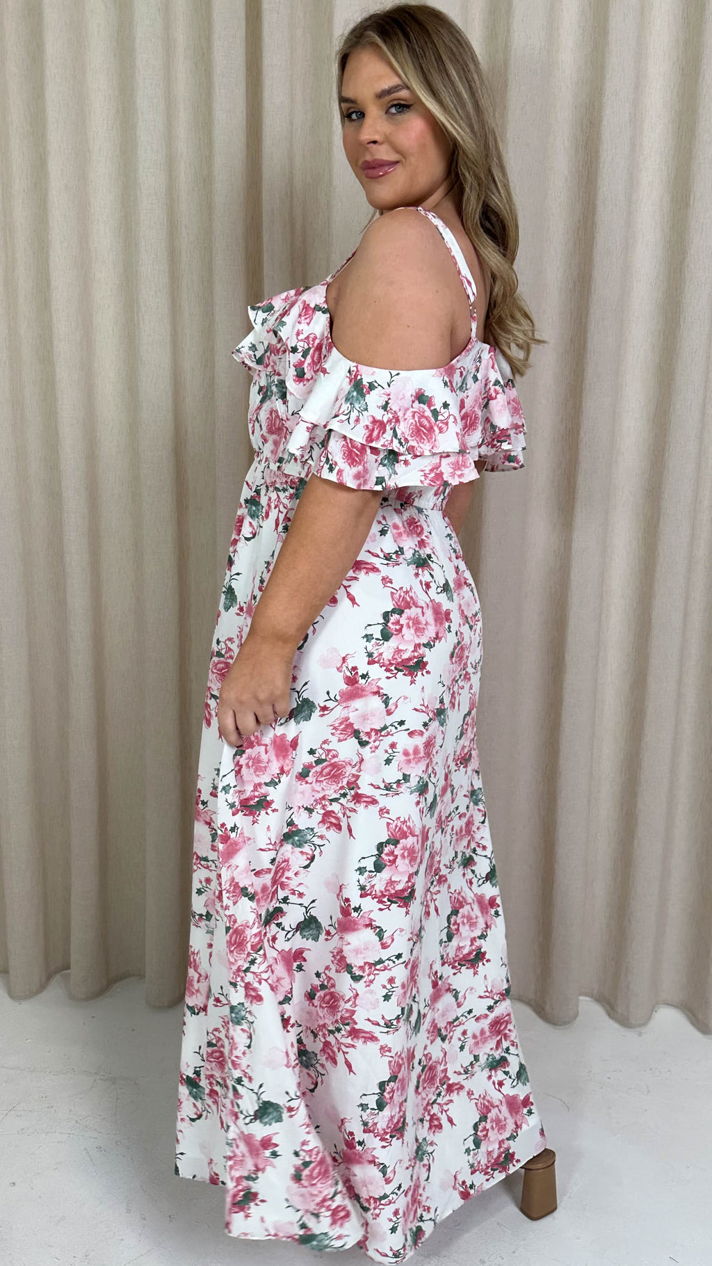 CurveWow Ruffle Cold Shoulder Maxi Dress Cream Vintage Floral