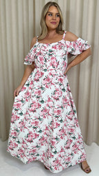 CurveWow Ruffle Cold Shoulder Maxi Dress Cream Vintage Floral