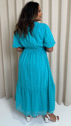 CurveWow Dobby Shiffly Puff Sleeve Vneck Maxi Dress Blue