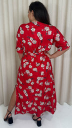 CurveWow Oriental Wrap Maxi Dress Red Floral