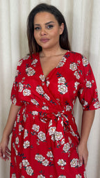 CurveWow Oriental Wrap Maxi Dress Red Floral