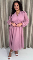 CurveWow Dobby Shirred Bodice Midi Dress Pink