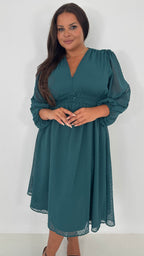 CurveWow Dobby Shirred Bodice Midi Dress Forest Green