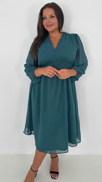 CurveWow Dobby Shirred Bodice Midi Dress Forest Green
