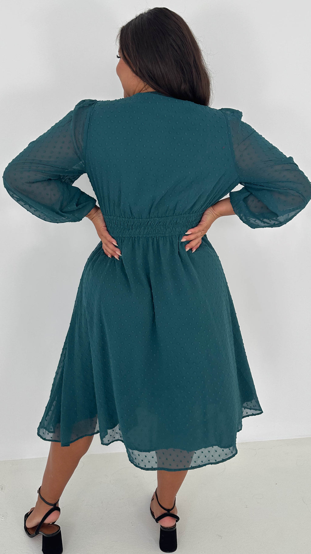 CurveWow Dobby Shirred Bodice Midi Dress Forest Green
