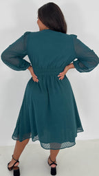 CurveWow Dobby Shirred Bodice Midi Dress Forest Green