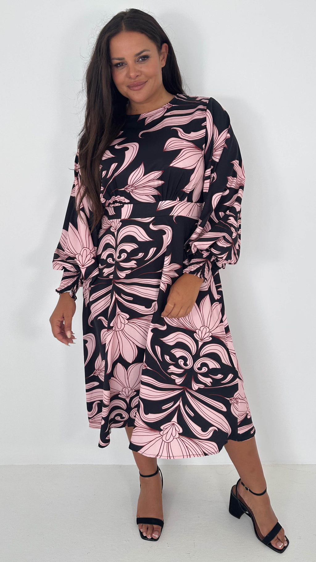 CurveWow Gathered Front Midi Dress Pink & Black Floral
