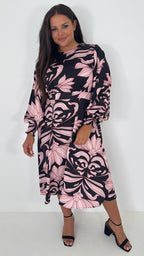 CurveWow Gathered Front Midi Dress Pink & Black Floral
