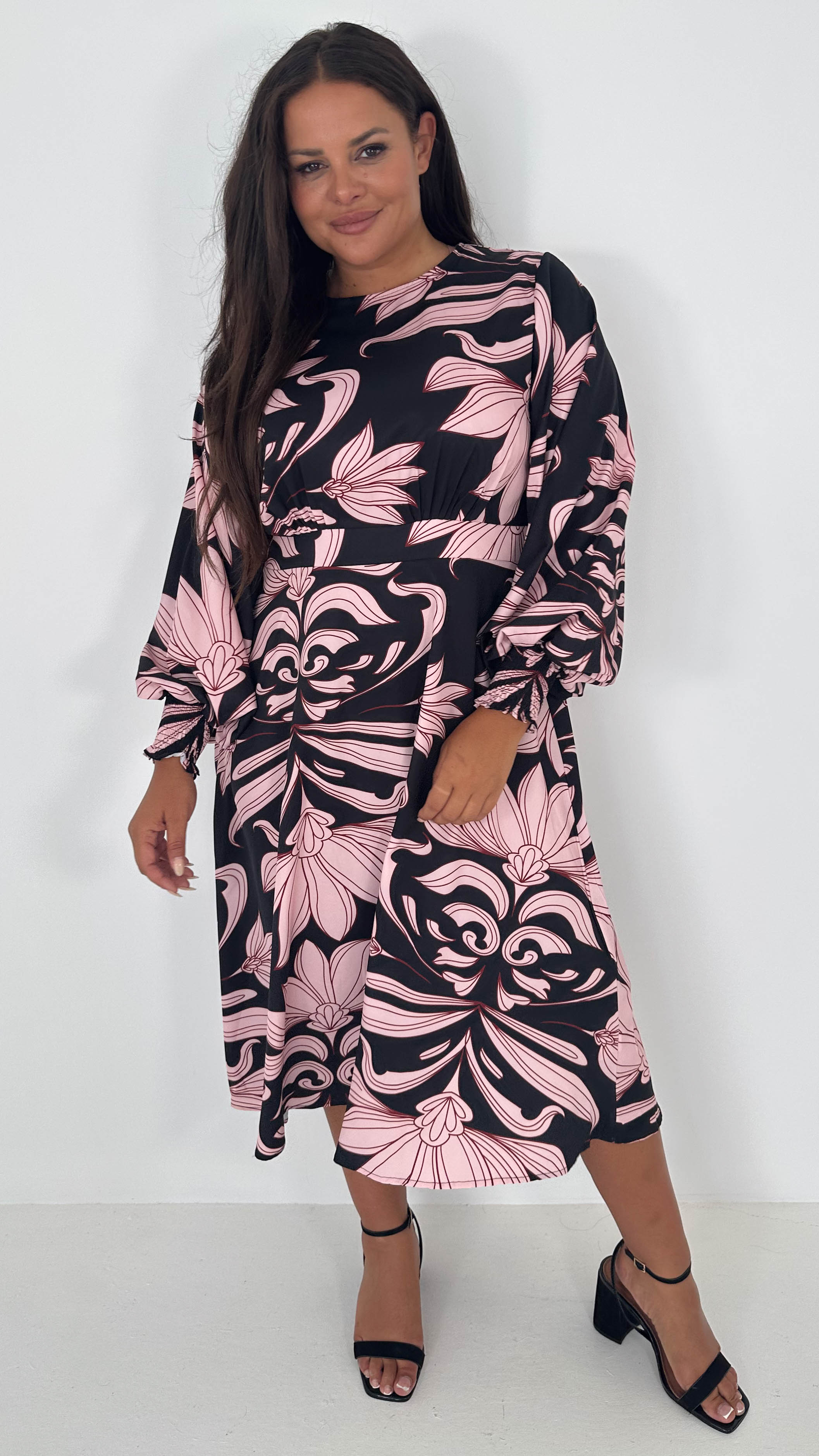 CurveWow Gathered Front Midi Dress Pink & Black Floral