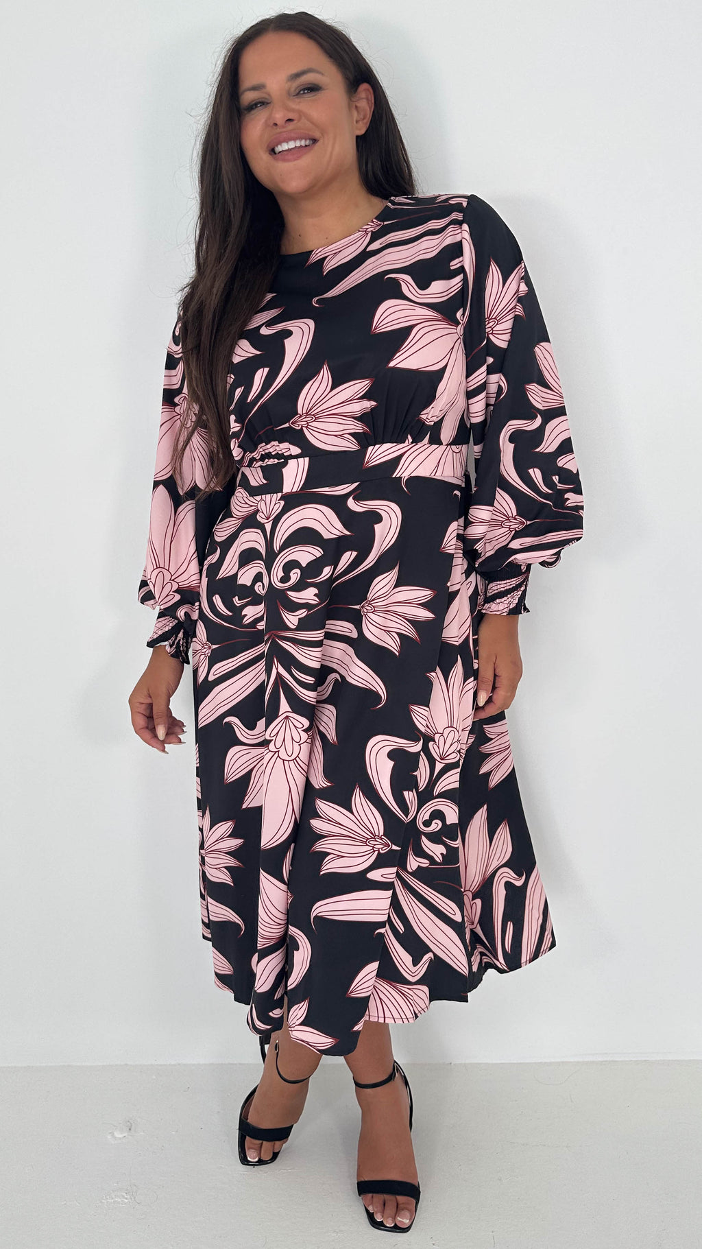 CurveWow Gathered Front Midi Dress Pink & Black Floral