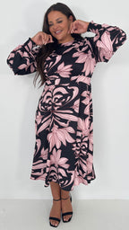 CurveWow Gathered Front Midi Dress Pink & Black Floral