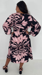 CurveWow Gathered Front Midi Dress Pink & Black Floral