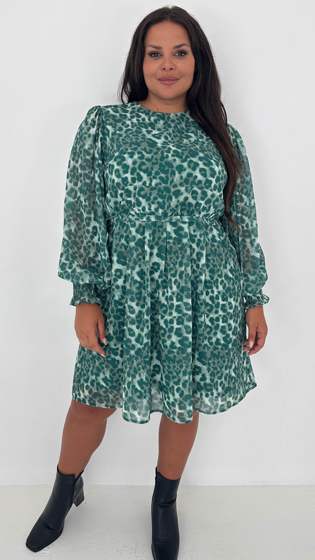 CurveWow Drop Waist Mini Dress Green Leopard