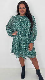 CurveWow Drop Waist Mini Dress Green Leopard