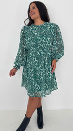 CurveWow Drop Waist Mini Dress Green Leopard
