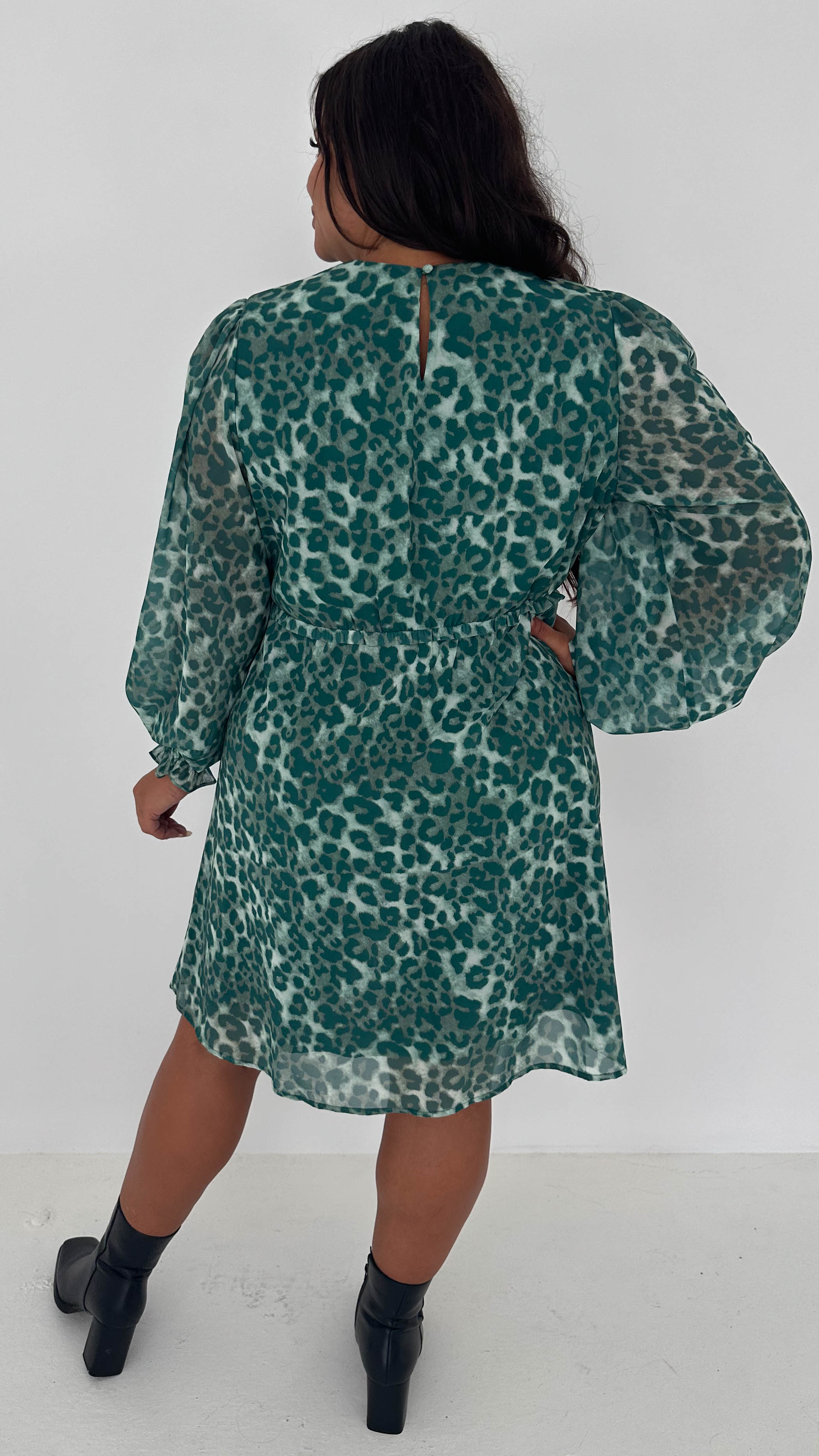 CurveWow Drop Waist Mini Dress Green Leopard