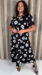 CurveWow Notch Neck Midi Dress Mono Floral Print