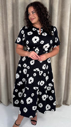 CurveWow Notch Neck Midi Dress Mono Floral Print