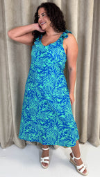 CurveWow Frill V-Neck Summer Dress Blue & Green Palm