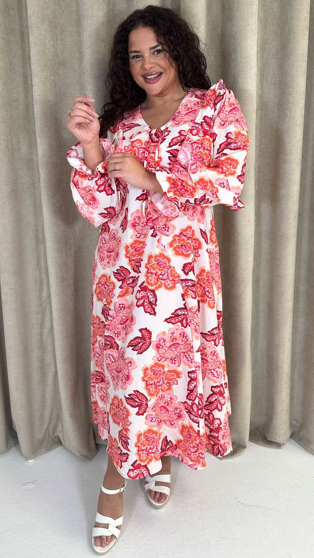CurveWow Frill Sleeve Maxi Dress Cream & Red Floral